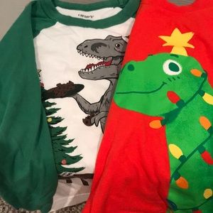 (2) long sleeve christmas dinosaur shirts